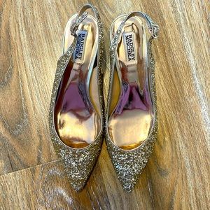Badgley Mischka gold glitter kitten heels
